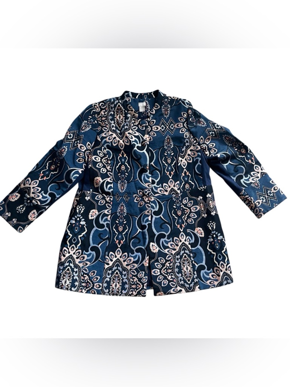 Chico's 3 Blue Black Gold Metallic Brocade Mandarin Collar Blazer Jacket 16 / 18